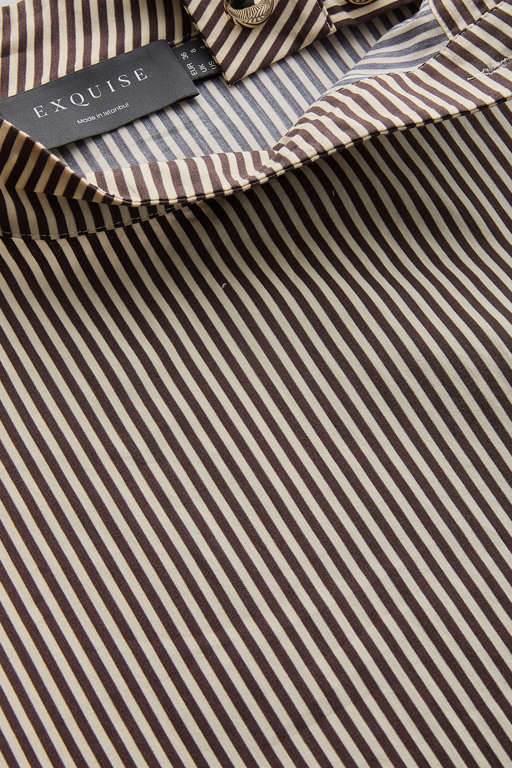 Exquise-çizgili Omuzu Düğme Detaylı Fularlı Uzun Kollu Kahve Bluz-BLUZ-6-Milagron.com