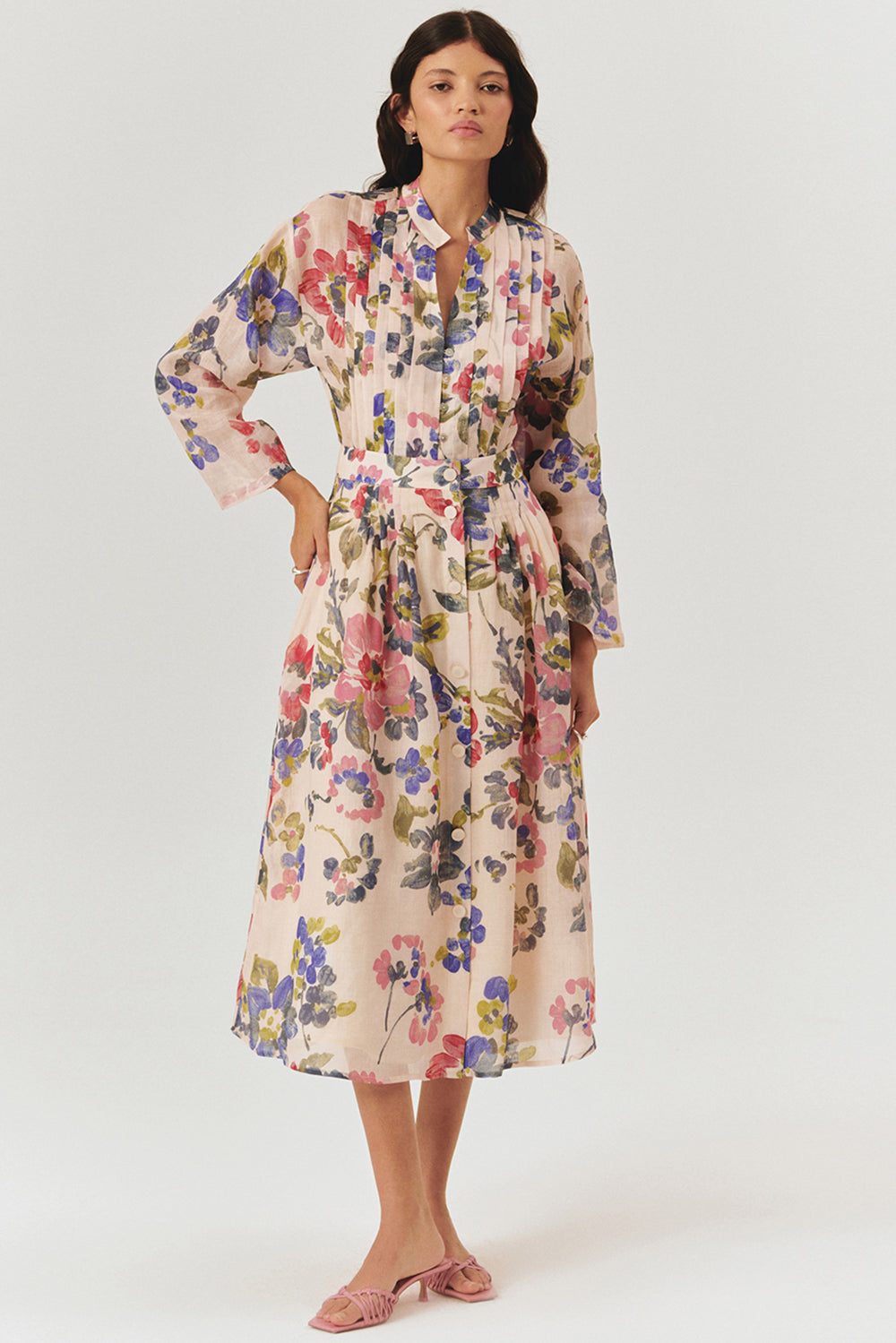 Exquise-önden Düğmeli Midi Boy Cepli Floral Desen Etek-ETEK-1-Milagron.com