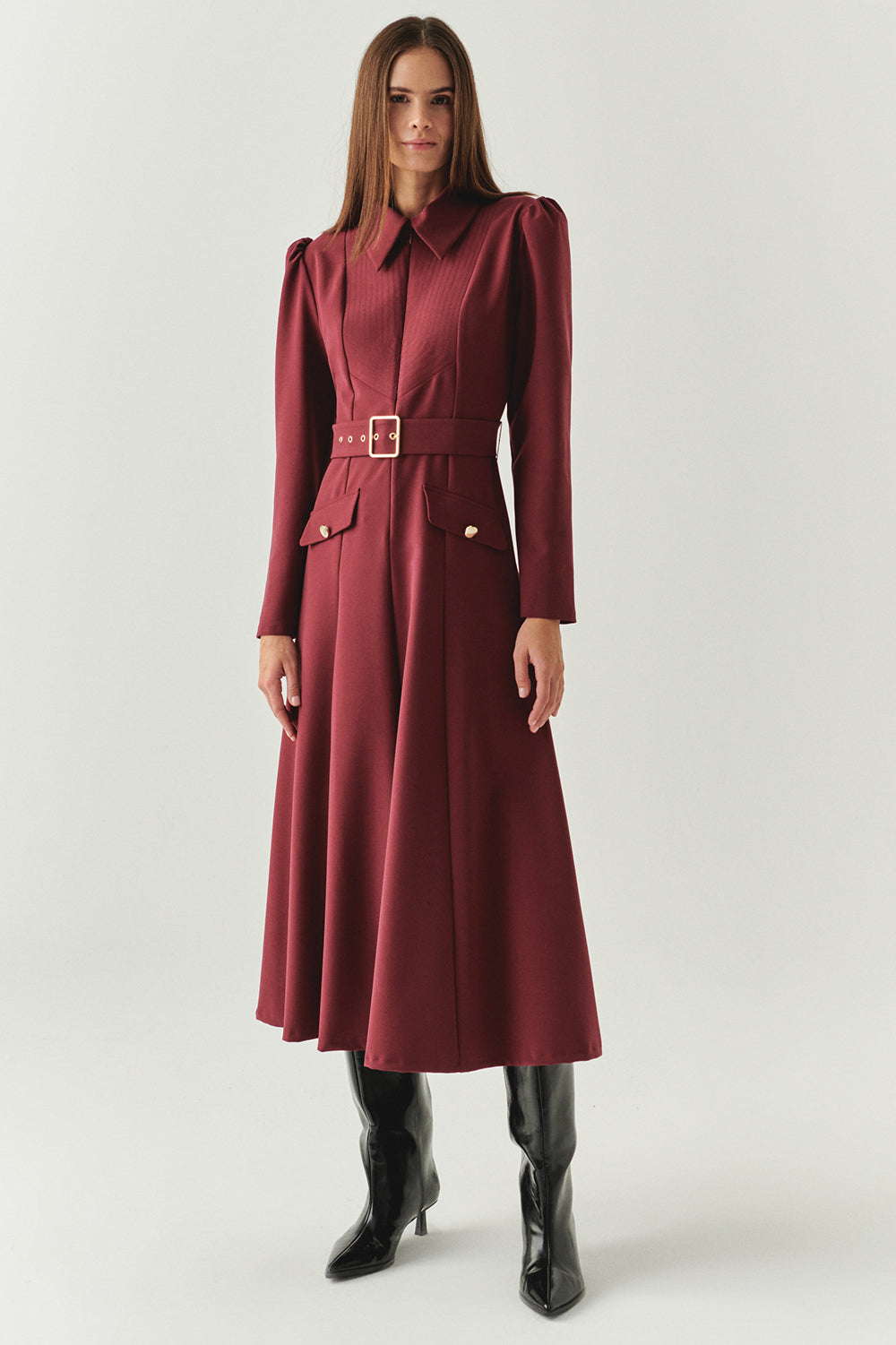 Exquise-Önden Fermuarlı Kemerli Uzun Kol Slim Fit Vişne Midi Elbise-ELBİSE-1-Milagron.com