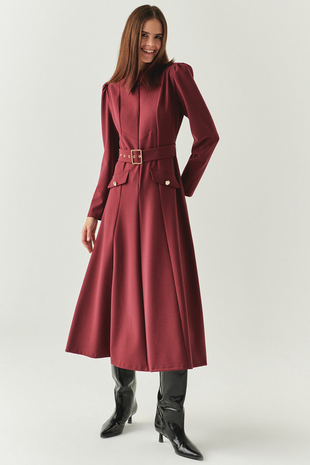 Exquise-Önden Fermuarlı Kemerli Uzun Kol Slim Fit Vişne Midi Elbise-ELBİSE-2-Milagron.com