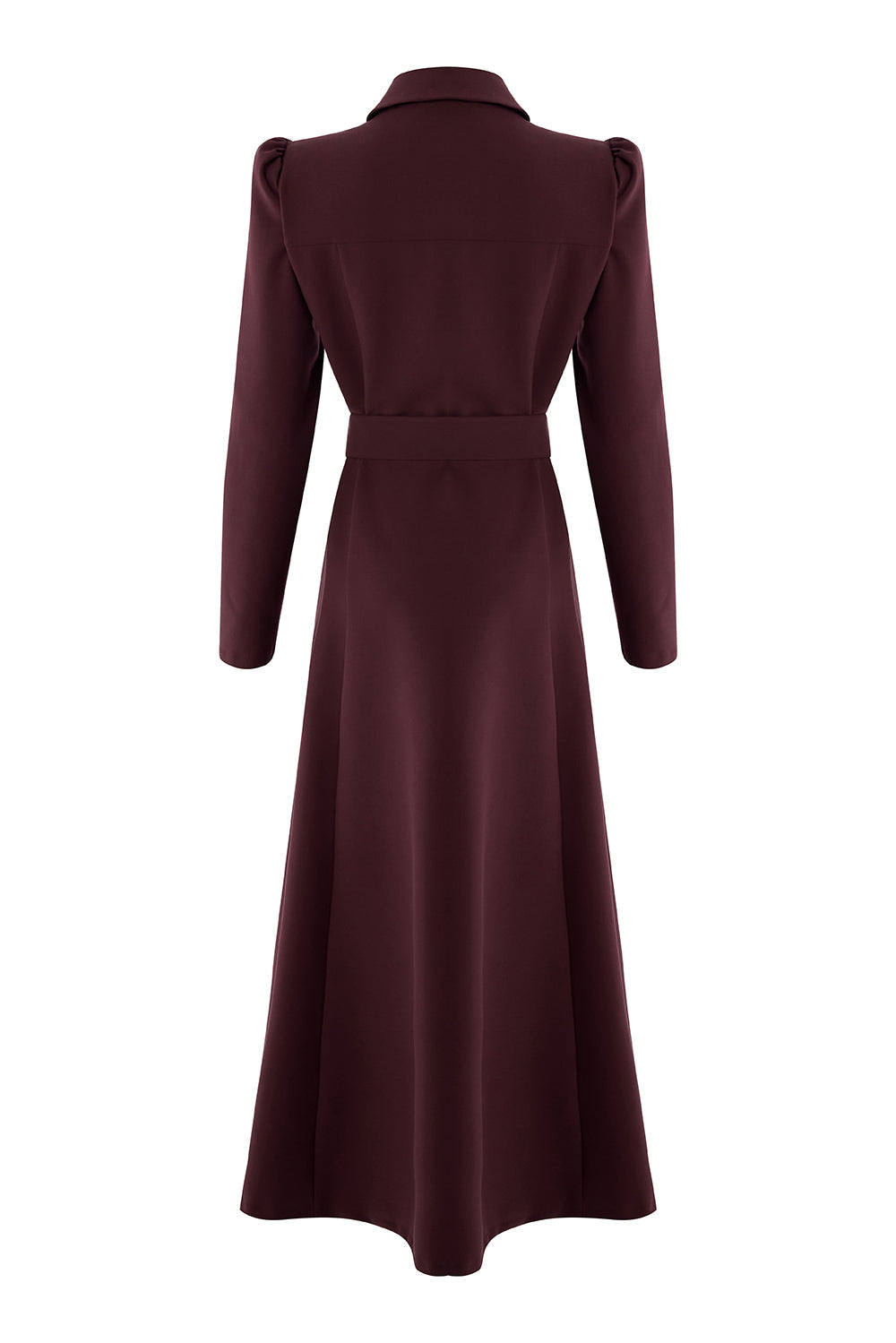 Exquise-Önden Fermuarlı Kemerli Uzun Kol Slim Fit Vişne Midi Elbise-ELBİSE-7-Milagron.com