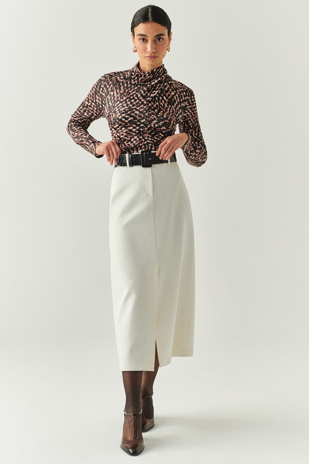 Exquise-önü Yırtmaçlı Kemerli Astarlı Regular Krem Midi Etek-ETEK-1-Milagron.com