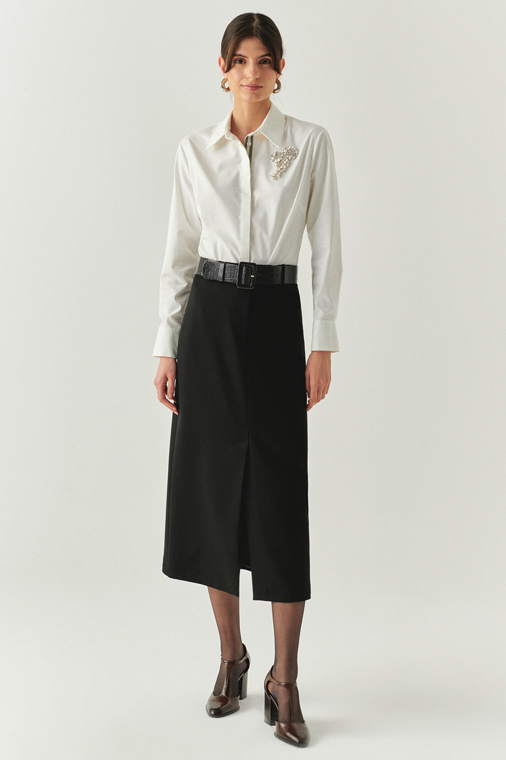 Exquise-önü Yırtmaçlı Kemerli Astarlı Regular Siyah Midi Etek-ETEK-1-Milagron.com