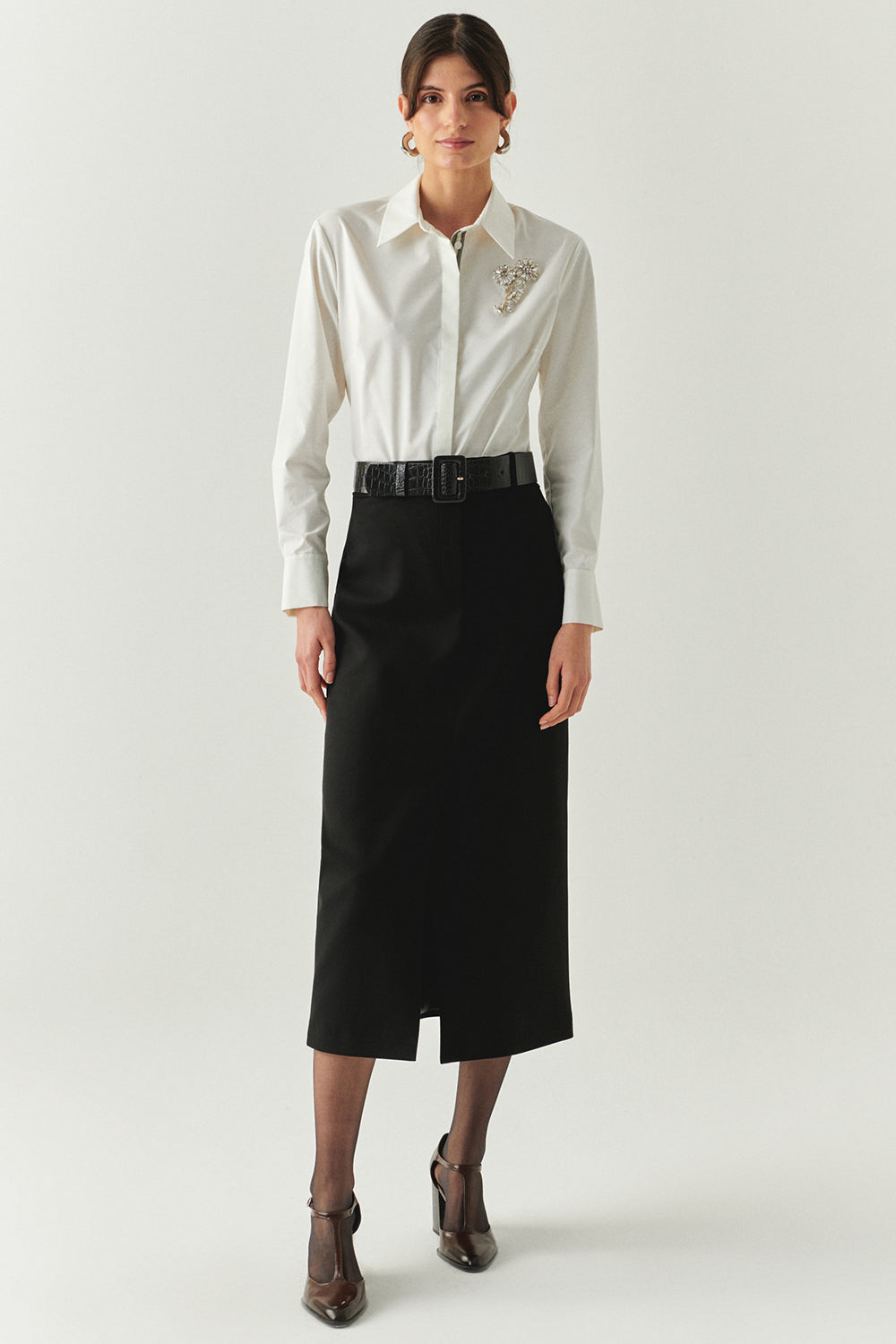 Exquise-önü Yırtmaçlı Kemerli Astarlı Regular Siyah Midi Etek-ETEK-2-Milagron.com