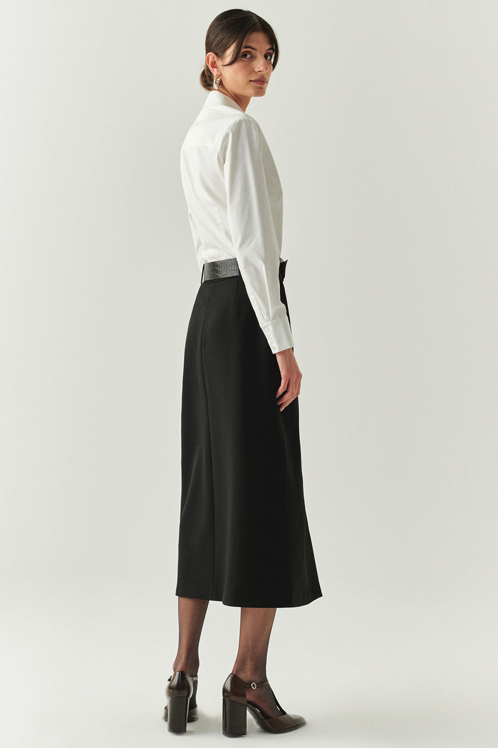 Exquise-önü Yırtmaçlı Kemerli Astarlı Regular Siyah Midi Etek-ETEK-6-Milagron.com