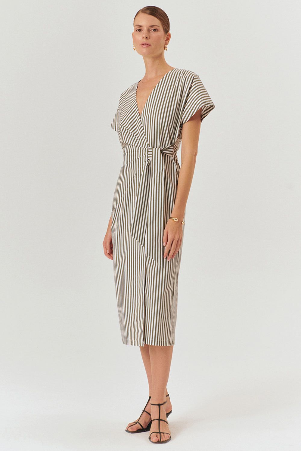 Exquise-şerit Desenli Kruvaze Model Pamuklu Midi Boy Elbise-Elbise-2-Milagron.com