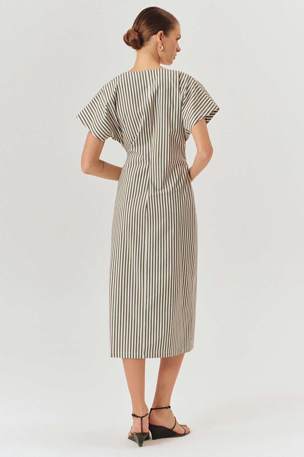 Exquise-şerit Desenli Kruvaze Model Pamuklu Midi Boy Elbise-Elbise-4-Milagron.com