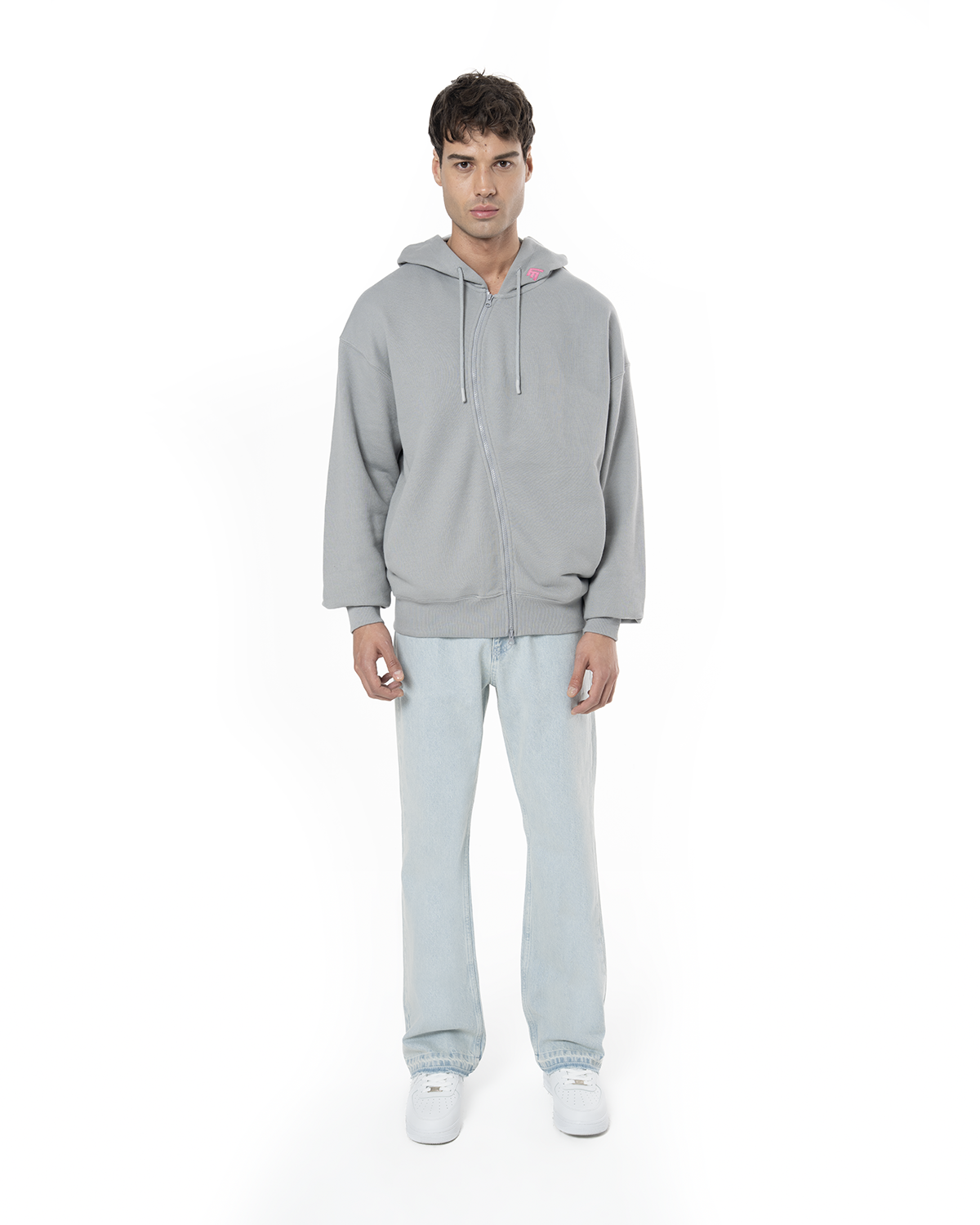 Erkek Oversize AsiMetriK KesiM Nakişli Zip Hoodie - Mavi - 0