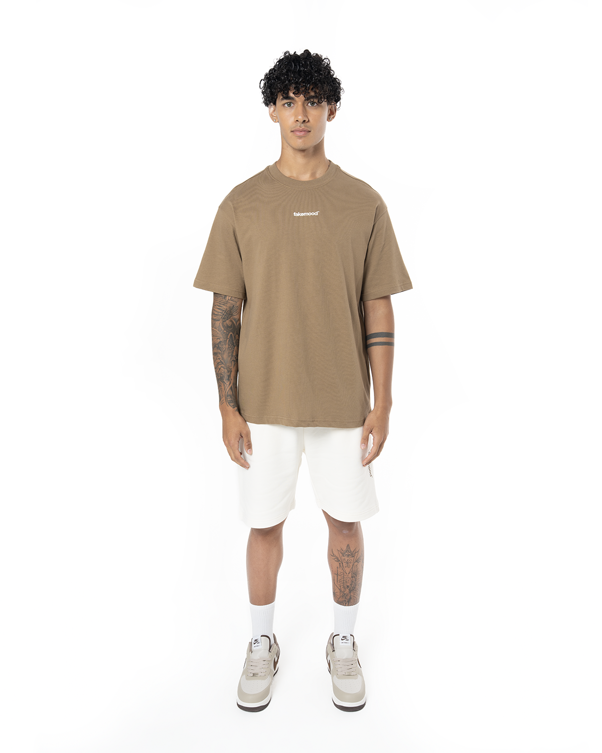 Erkek Oversize Basic Baskili TiŞört - Kahverengi