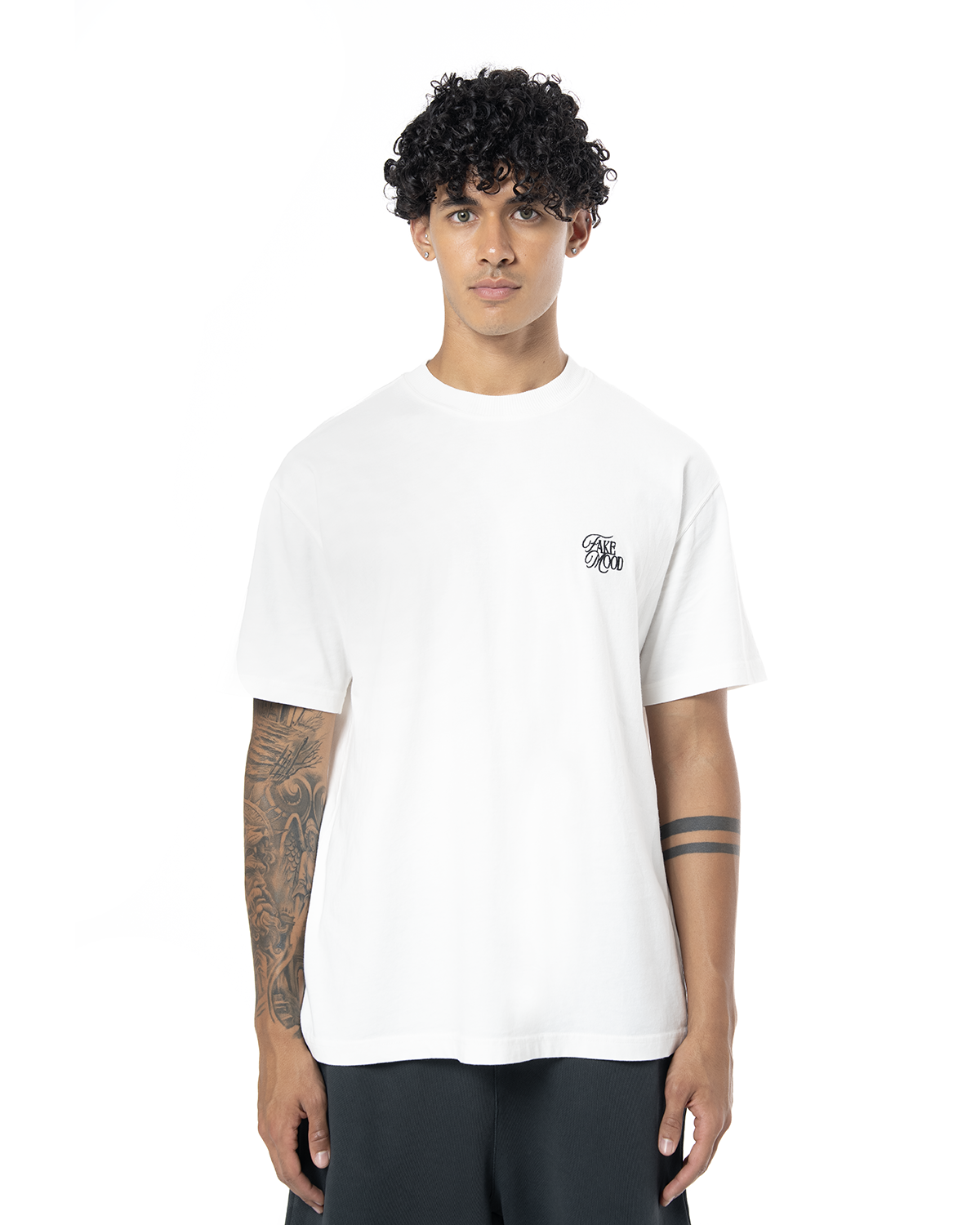 Erkek Oversize Fakemood Nakişli TiŞört - Beyaz - 0