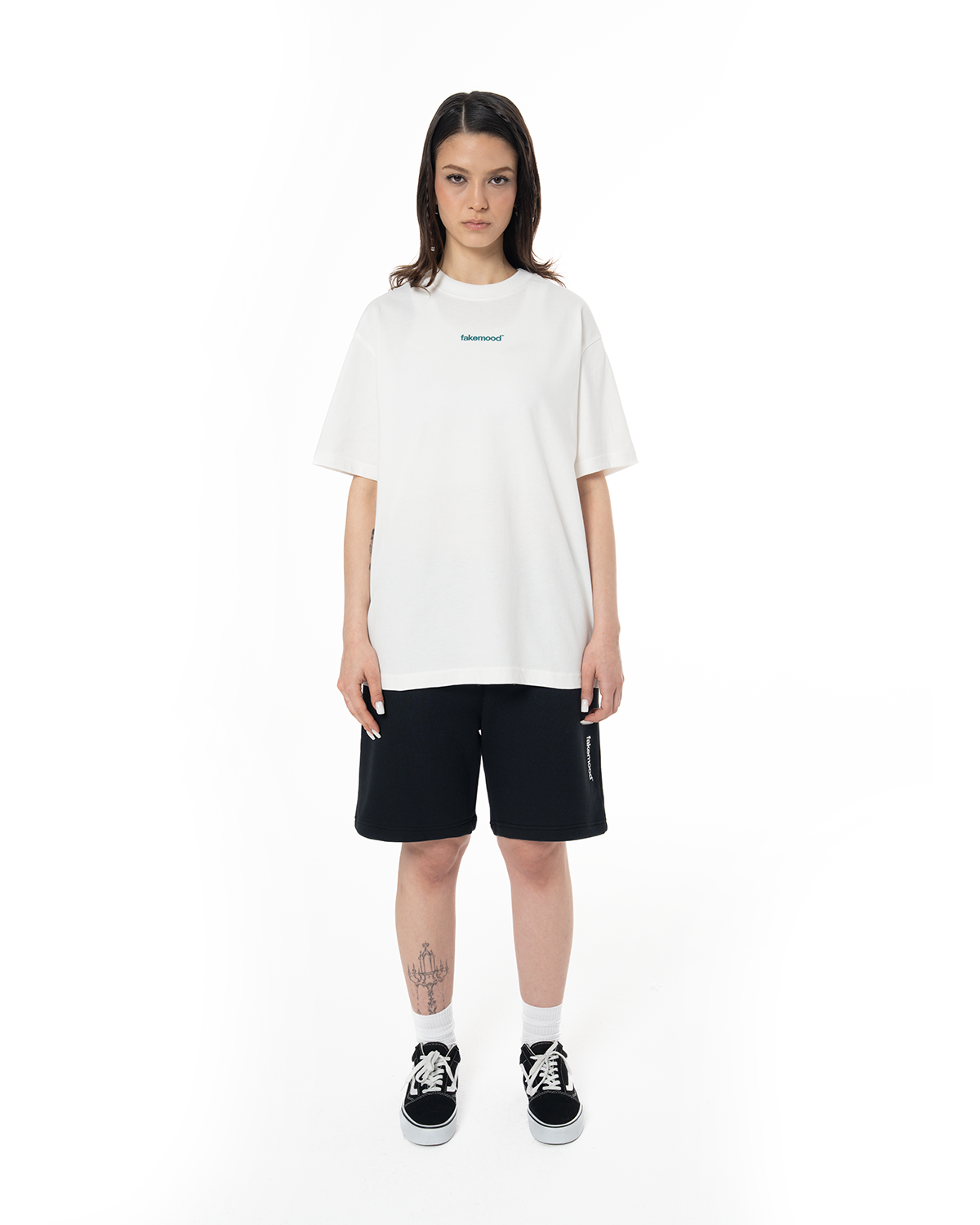 Kadin Oversize Basic Baskili TiŞört - Beyaz