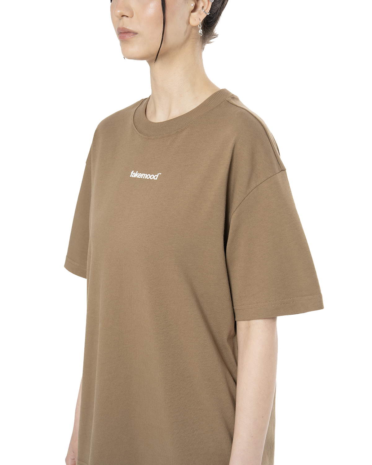 Kadin Oversize Basic Baskili TiŞört - Kahverengi