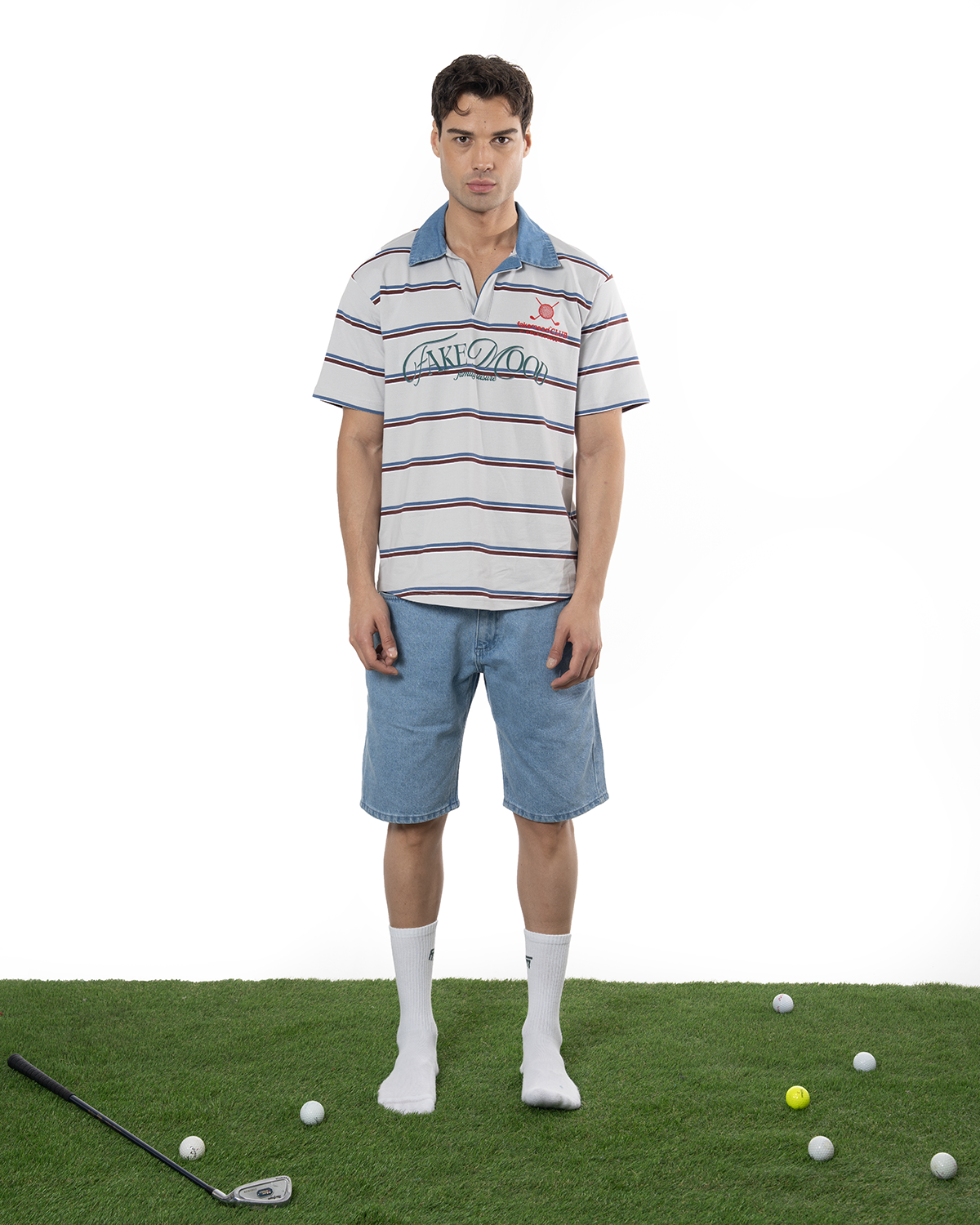 Unisex ÇiZgiLi Nakişli Golf Polo T-Shirt - Mavi / YeşiL
