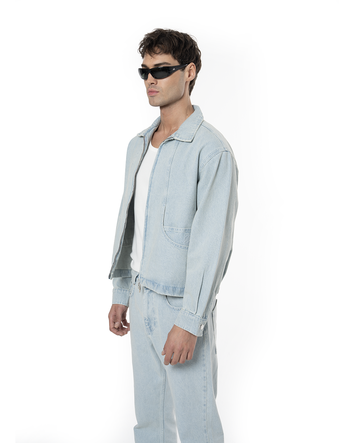 Unisex Fakemood Nakişli Premium Denim Ceket - Mavi