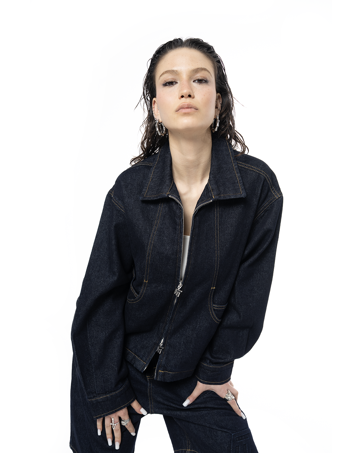 Unisex Fakemood Nakışlı Premium Raw Denim Ceket - Lacivert - 7