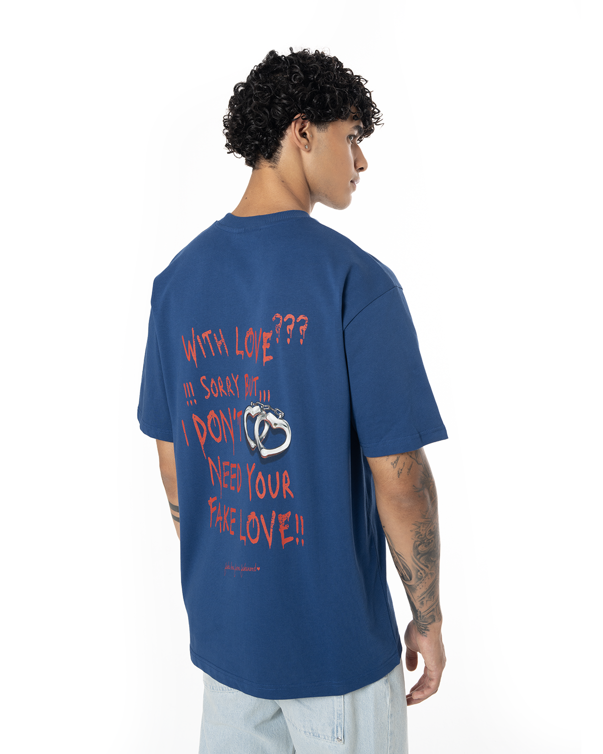 Unisex Oversize Fake Love Baskili TiŞört - Mavi - 1