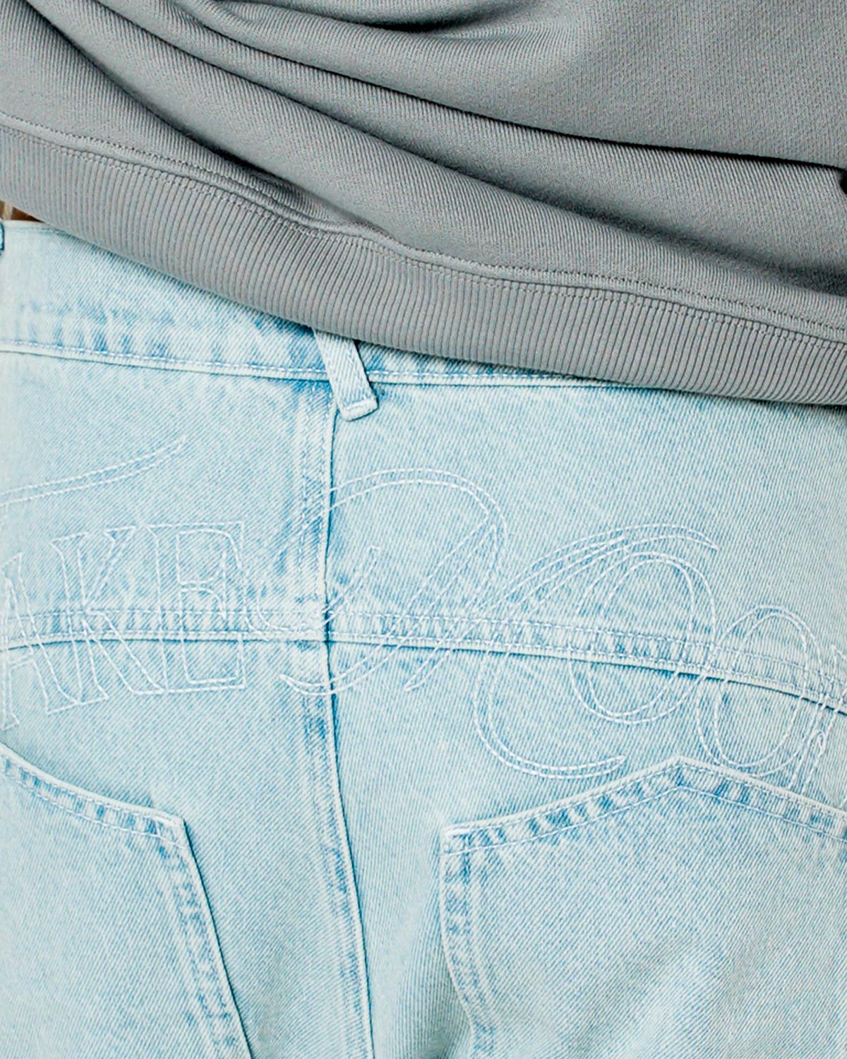 Unisex Relaxed Fit Fakemood Nakişli Premium Denim Pantolon - Açik Mavi