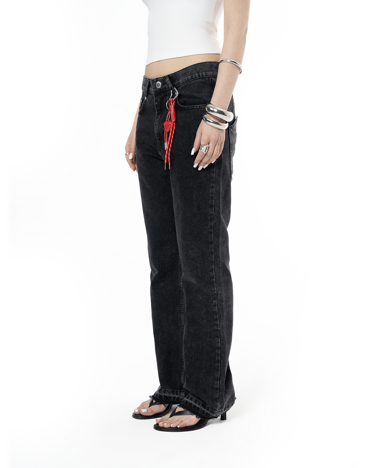 Unisex Relaxed Fit Fakemood Nakişli Premium Denim Pantolon - SiYah