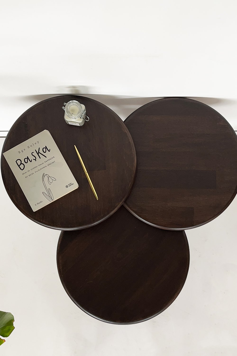 Fagus Wood-Doğal Masif Ahşap Yörünge Sehpa Seti - 3'lü Zigon Yuvarlak Modern Takım - Yan, Dekoratif Sehpa - Ceviz-Sehpa-5-Milagron.com