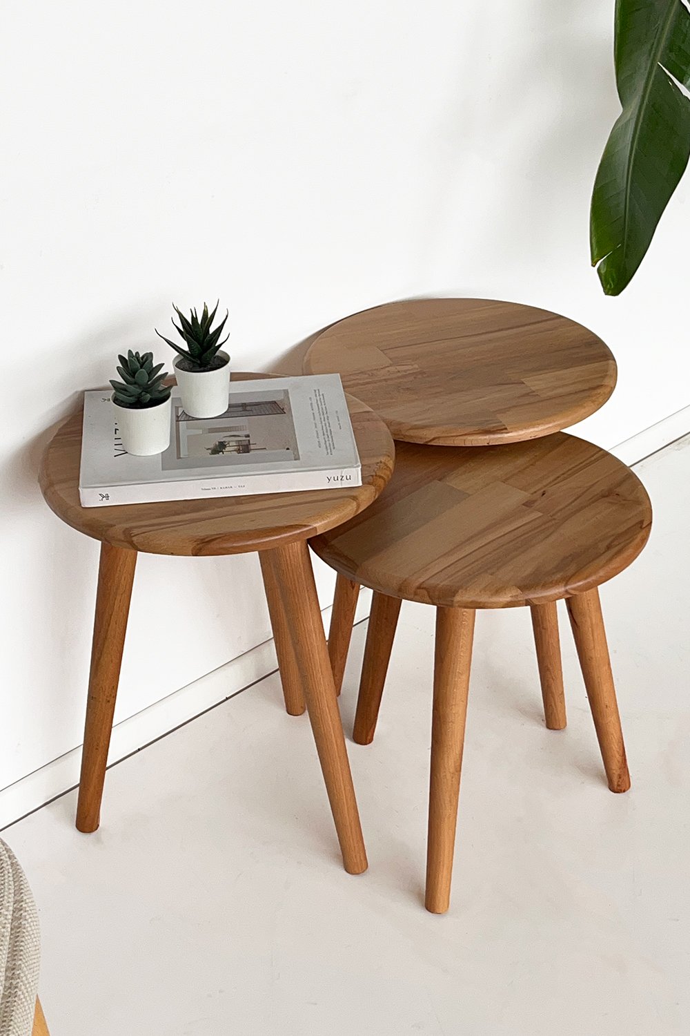 Fagus Wood-Doğal Masif Ahşap Yörünge Sehpa Seti - 3'lü Zigon Yuvarlak Modern Takım - Yan, Dekoratif Sehpa - Kayın-Sehpa-1-Milagron.com