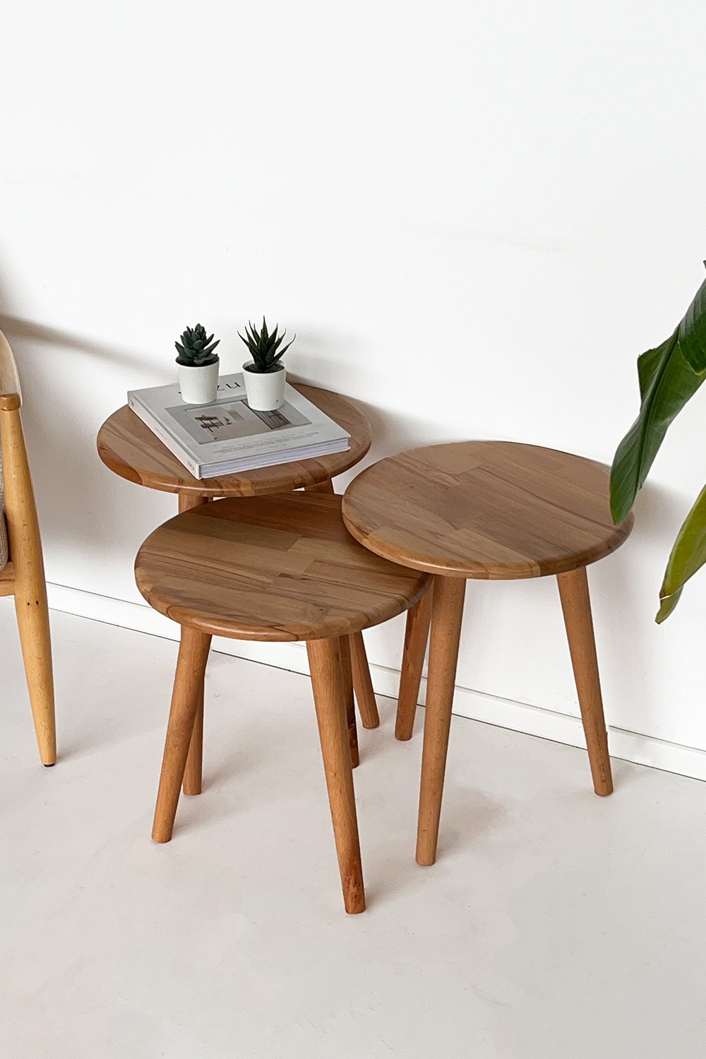 Fagus Wood-Doğal Masif Ahşap Yörünge Sehpa Seti - 3'lü Zigon Yuvarlak Modern Takım - Yan, Dekoratif Sehpa - Kayın-Sehpa-2-Milagron.com