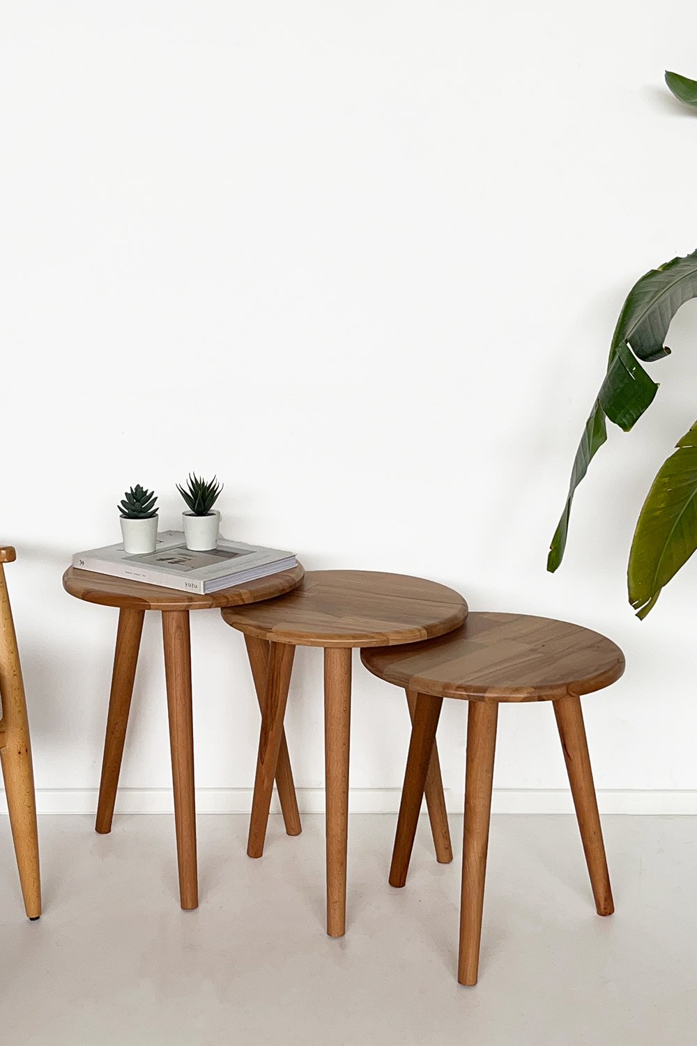 Fagus Wood-Doğal Masif Ahşap Yörünge Sehpa Seti - 3'lü Zigon Yuvarlak Modern Takım - Yan, Dekoratif Sehpa - Kayın-Sehpa-3-Milagron.com