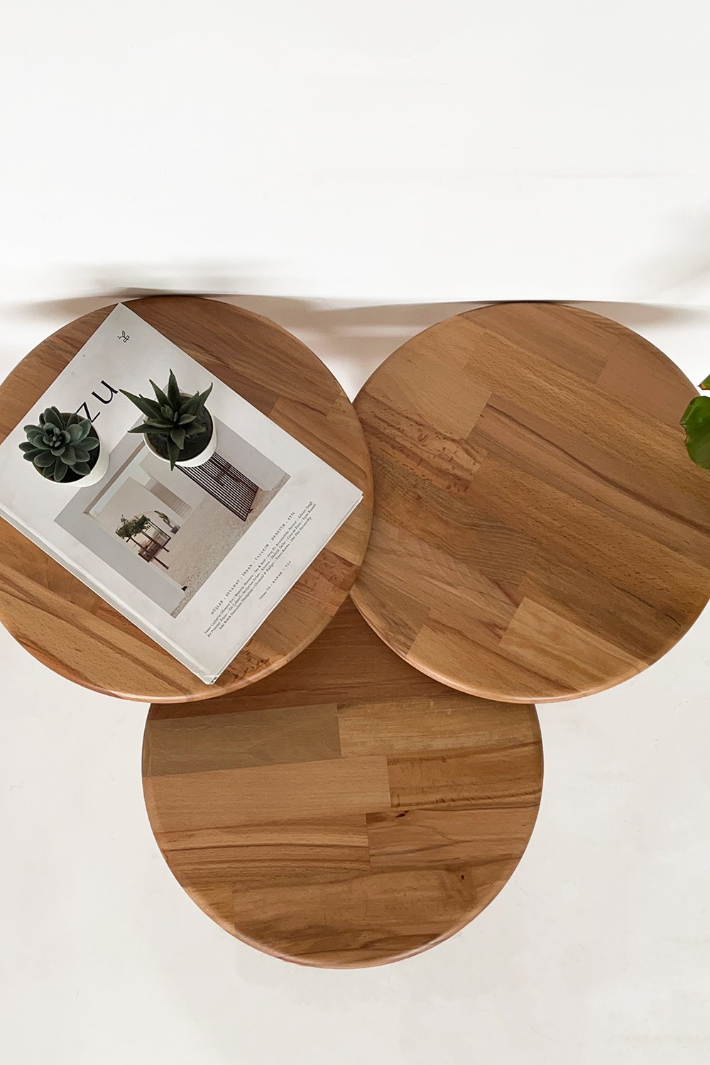 Fagus Wood-Doğal Masif Ahşap Yörünge Sehpa Seti - 3'lü Zigon Yuvarlak Modern Takım - Yan, Dekoratif Sehpa - Kayın-Sehpa-4-Milagron.com