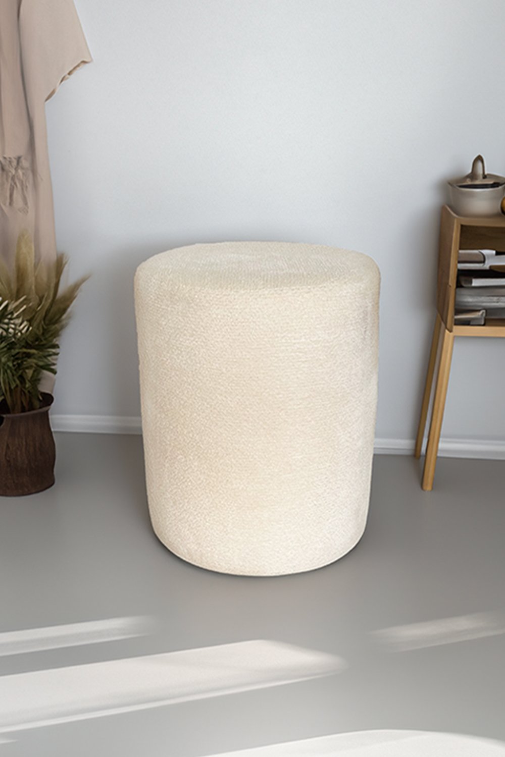 Fagus Wood-Teddy Kumaş Silindir Dekoratif Puf, Kırık Beyaz - 120ledx-Puf-4-Milagron.com