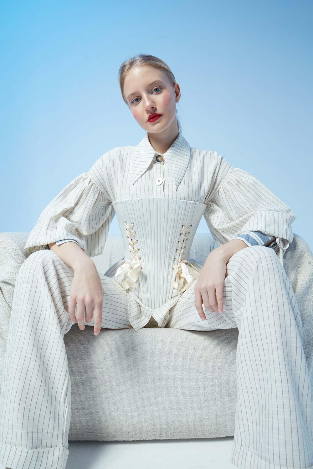 Fèe Muse-Luisa Ekru Çizgili Gömlek-Gömlek-3-Milagron.com