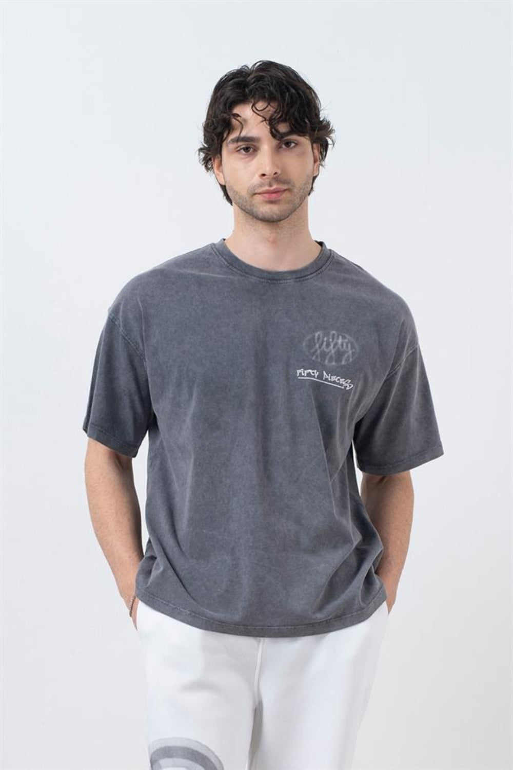 Fifty Pieces-Antrasit Düşük Omuzlu Asit Yıkamalı T-Shirt-T-Shirts-1-Milagron.com