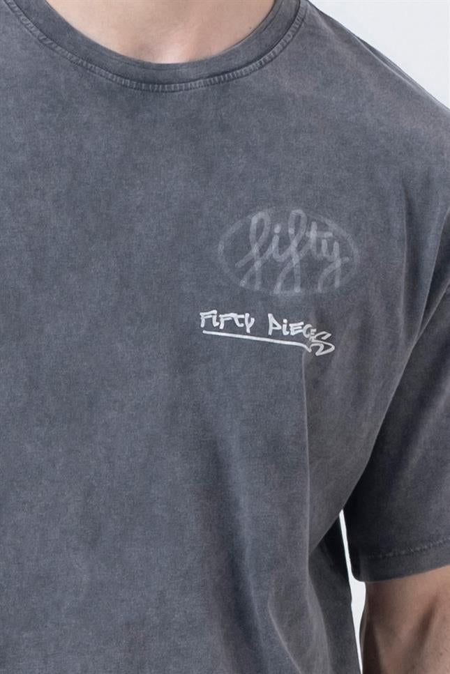 Fifty Pieces-Antrasit Düşük Omuzlu Asit Yıkamalı T-Shirt-T-Shirts-2-Milagron.com