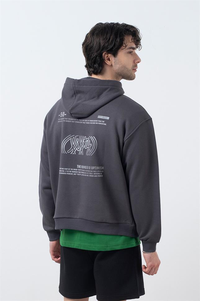 Fifty Pieces-Antrasit Düşük Omuzlu Sırt Baskılı Hoodie-Sweatshirts & Hoodies-2-Milagron.com