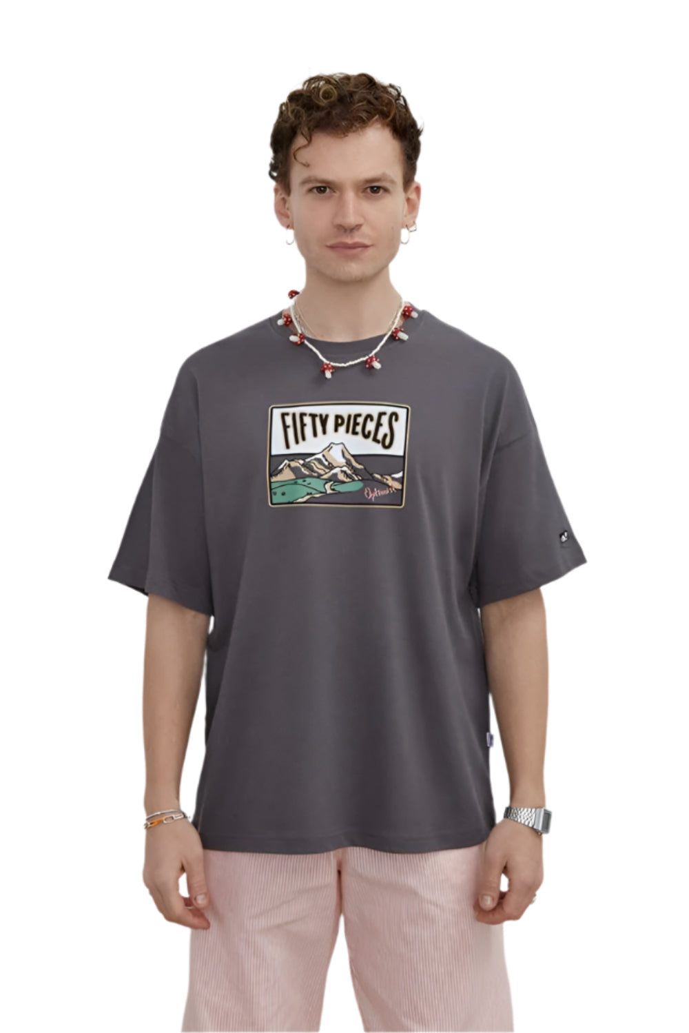 Fifty Pieces-Erkek Antrasit Düşük Omuzlu T Shirt Fifty Pieces-T-shirt-1-Milagron.com