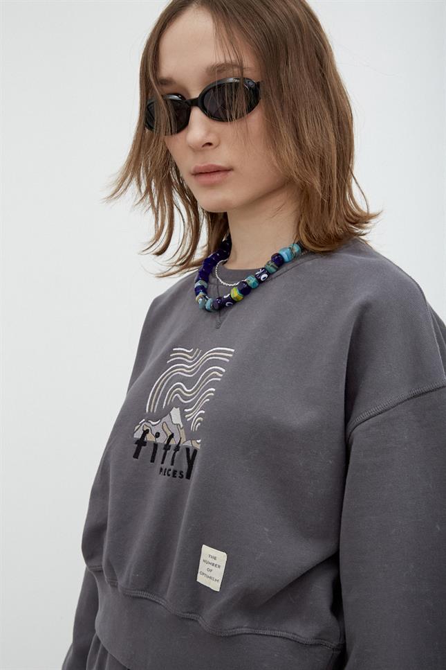 Fifty Pieces-Antrasit Yıkamalı Loose Fit Sweatshirt-Sweatshirts & Hoodies-2-Milagron.com