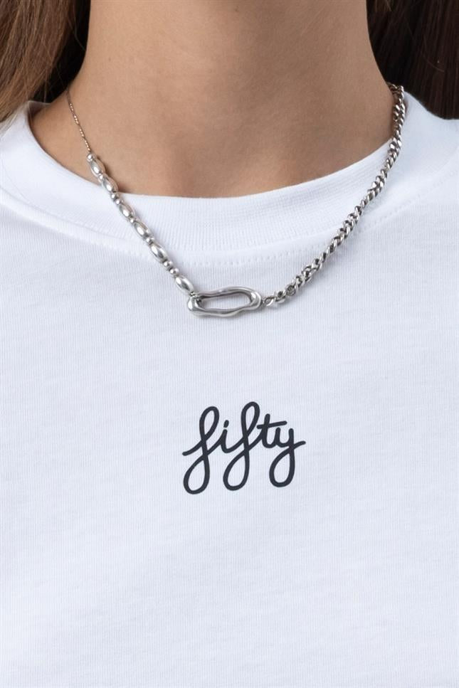 Fifty Pieces-Beyaz Düşük Omuzlu Basic T-Shirt-T-shirts-2-Milagron.com