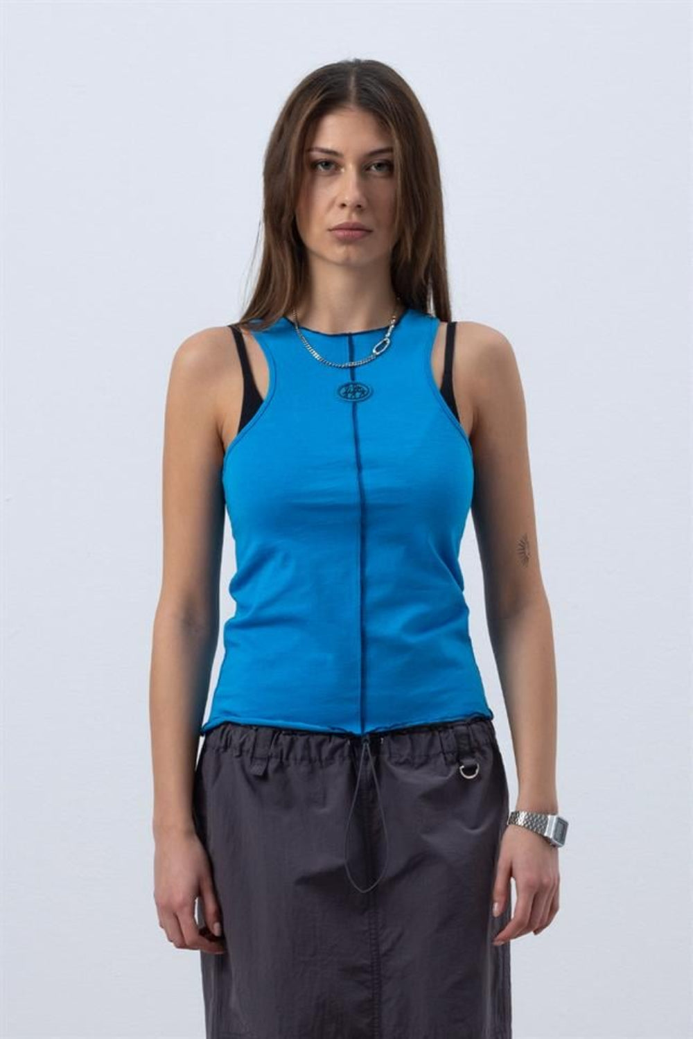 Fifty Pieces-Canlı Mavi Core Kontrast Dikişli Halter Yaka Atlet-Top-1-Milagron.com