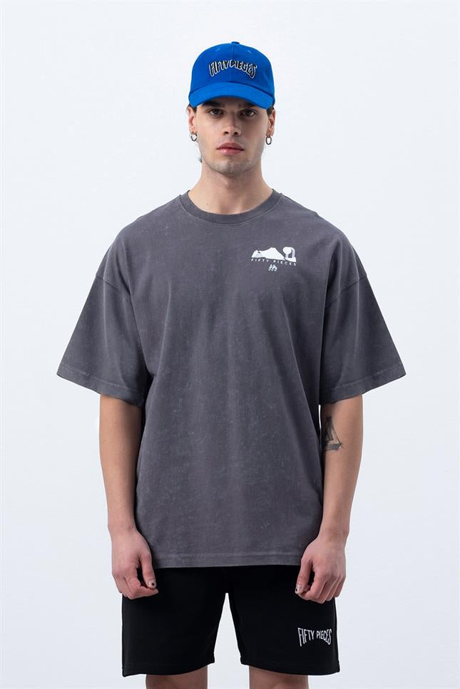 Erkek Antrasit Yıkamalı Sırt Baskılı T-Shirt