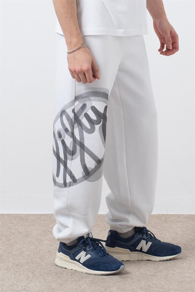 Erkek Beyaz Loose Fit Jogger Pantolon