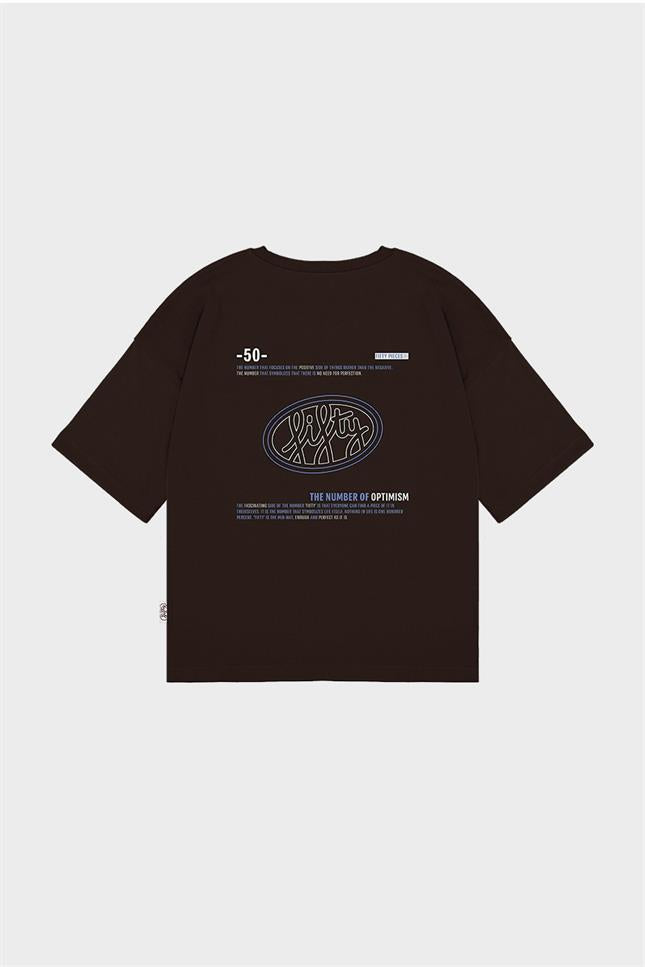 Erkek Kahverengi Düşük Omuzlu Sırt Baskılı T-Shirt
