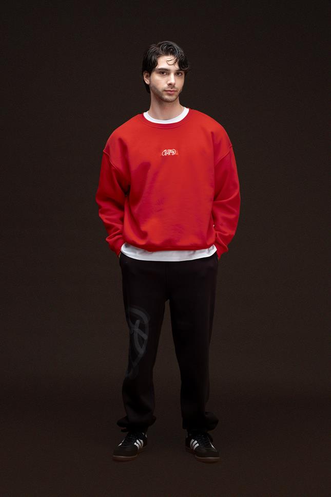 Erkek Kırmızı Düşük Omuzlu Sırt Baskılı Sweatshirt