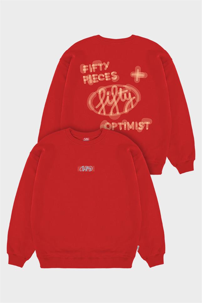 Erkek Kırmızı Düşük Omuzlu Sırt Baskılı Sweatshirt