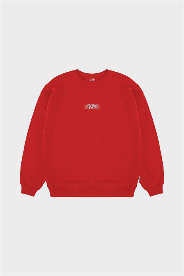 Erkek Kırmızı Düşük Omuzlu Sırt Baskılı Sweatshirt