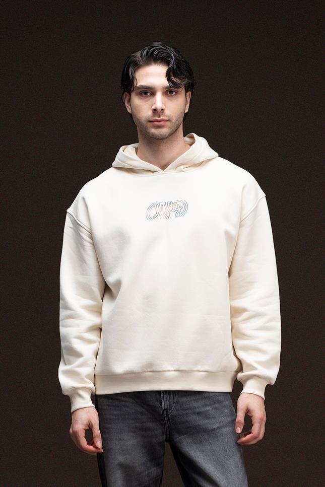 Erkek Kum Düşük Omuzlu Sırt Baskılı Hoodie