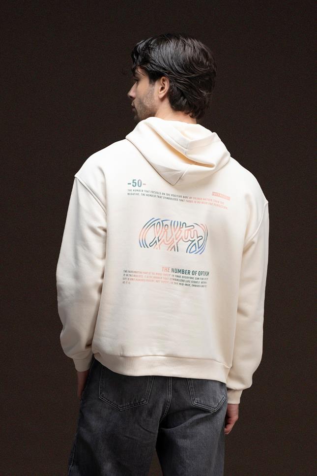 Erkek Kum Düşük Omuzlu Sırt Baskılı Hoodie