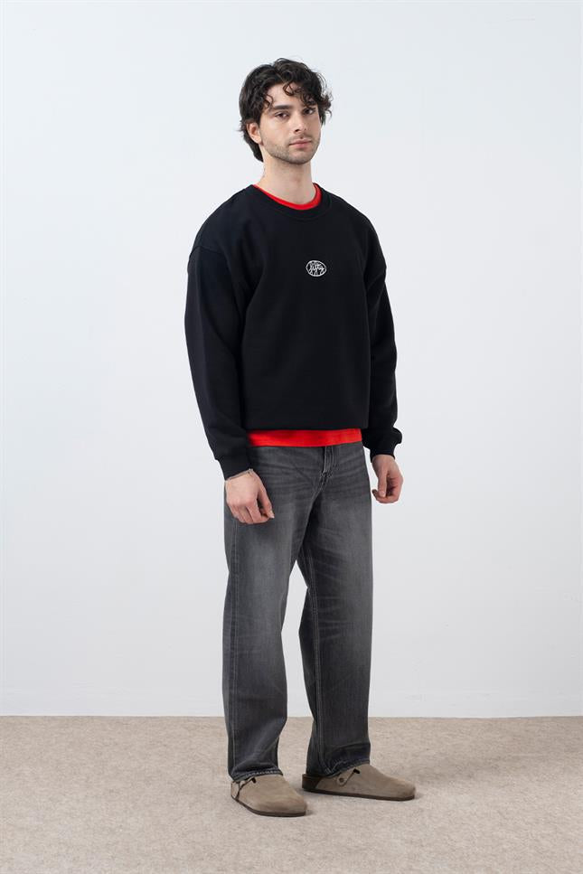 Erkek Siyah Düşük Omuzlu Sırt Baskılı Sweatshirt