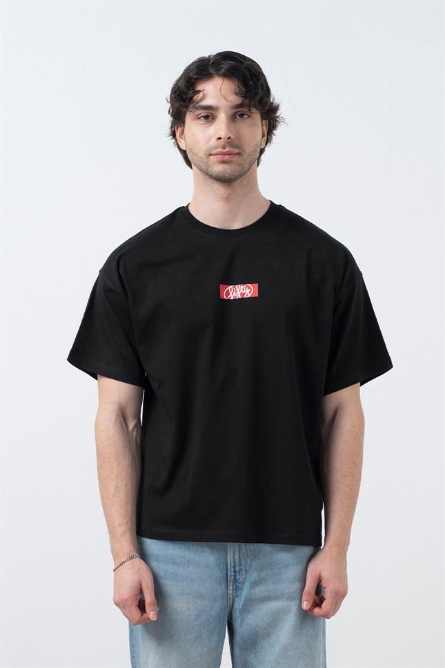 Erkek Siyah Düşük Omuzlu Sırt Baskılı T-Shirt