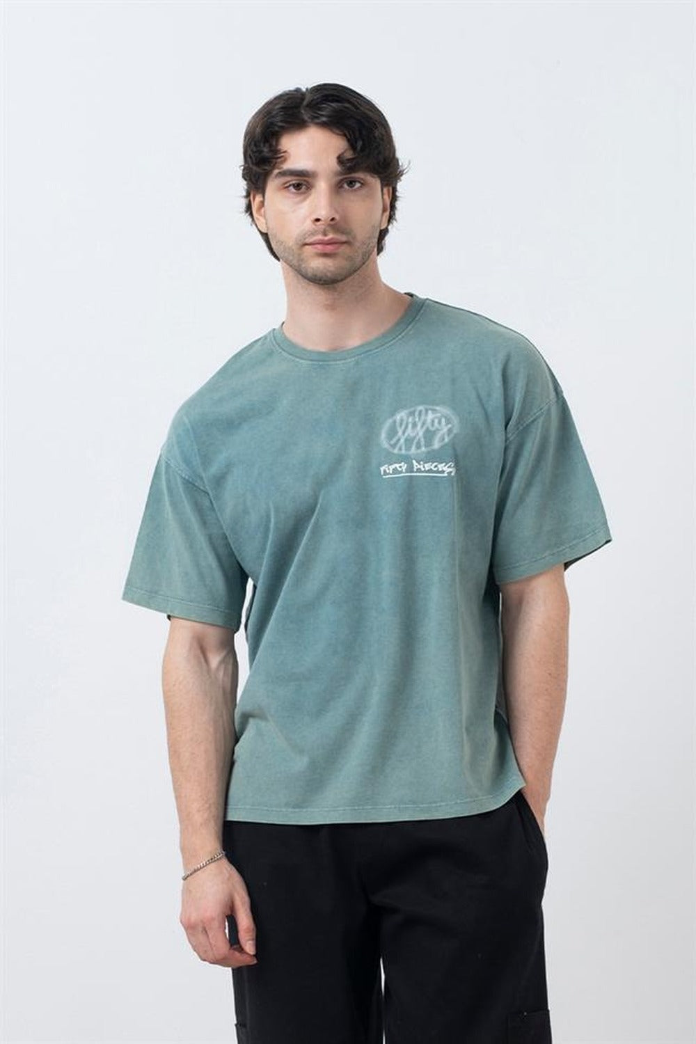 Erkek Yeşil Düşük Omuzlu Asit Yıkamalı T-Shirt