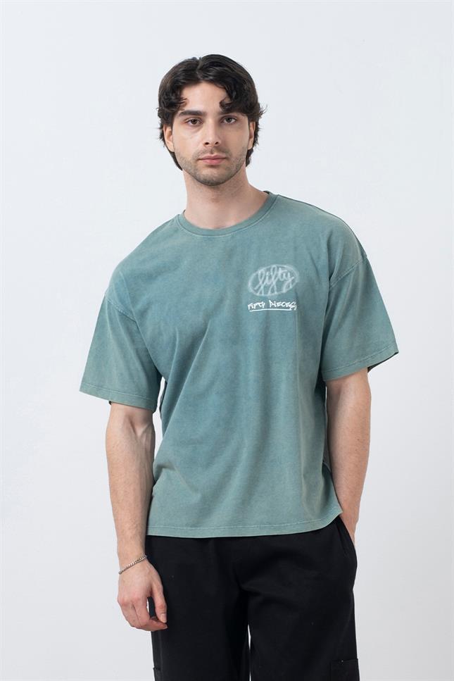 Erkek Yeşil Düşük Omuzlu Asit Yıkamalı T-Shirt