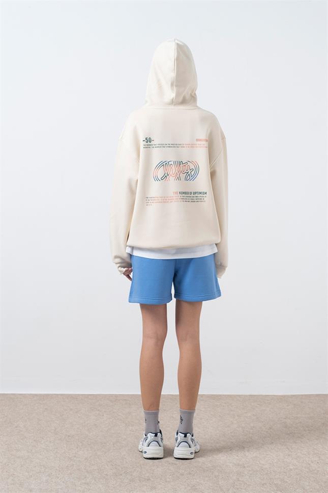 Kadın Kum Oversize Sırt Baskılı Hoodie