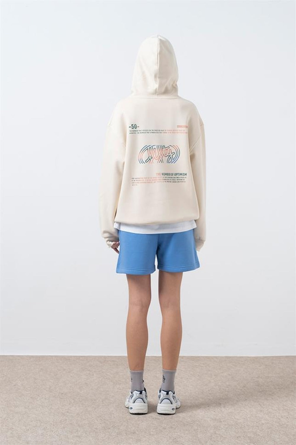 Kadın Kum Oversize Sırt Baskılı Hoodie